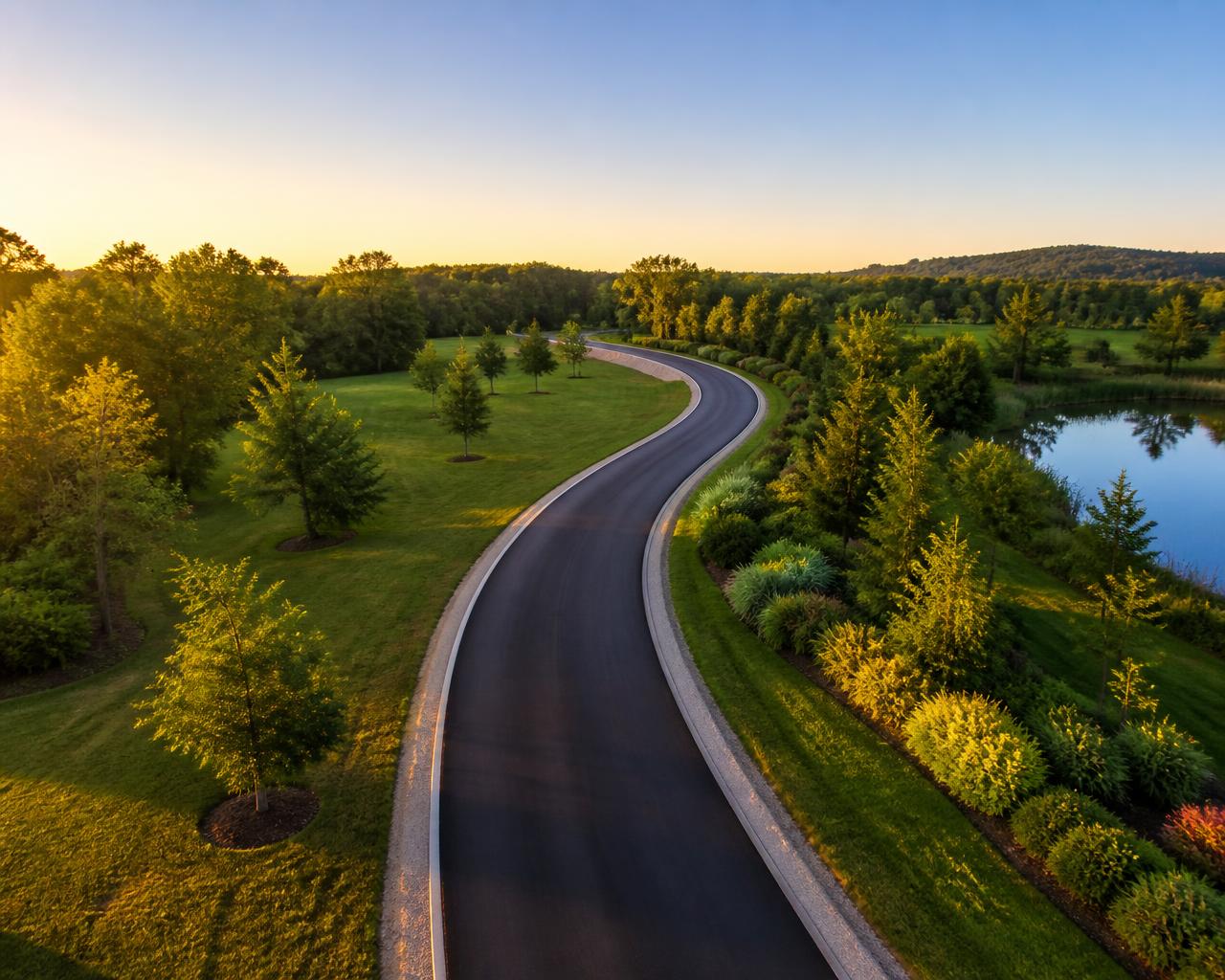 A freshly paved road curving through a maintained green landscape at golden hour